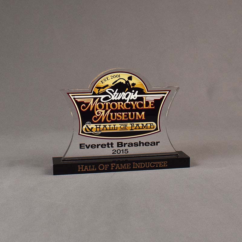 LaserCut™ acrylic award with black base laser engraved then color filled with gold rub and buff.